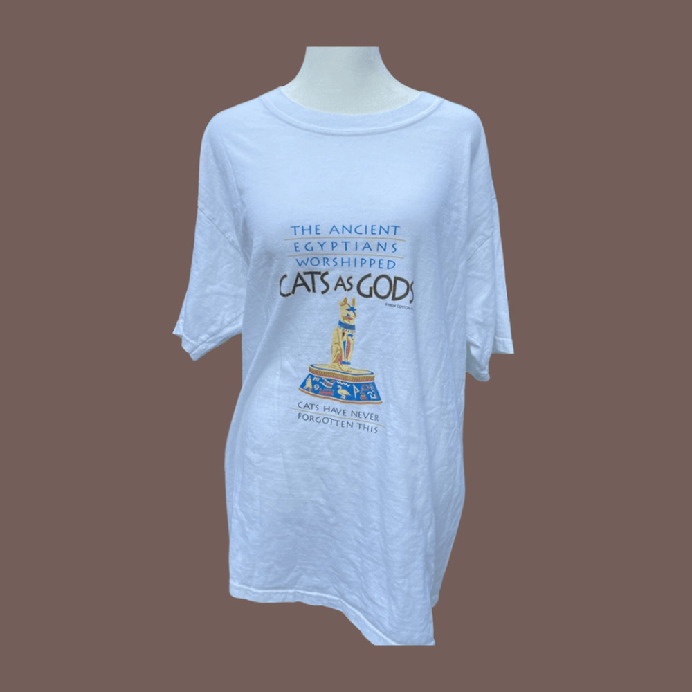 Gildan Cat Graphic Tee | White Cotton | Size L | Vintage